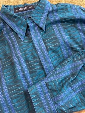 Vtg Jhane Barnes Geometric Fractal Woven Shirt Mens M Blue Green Art Wear